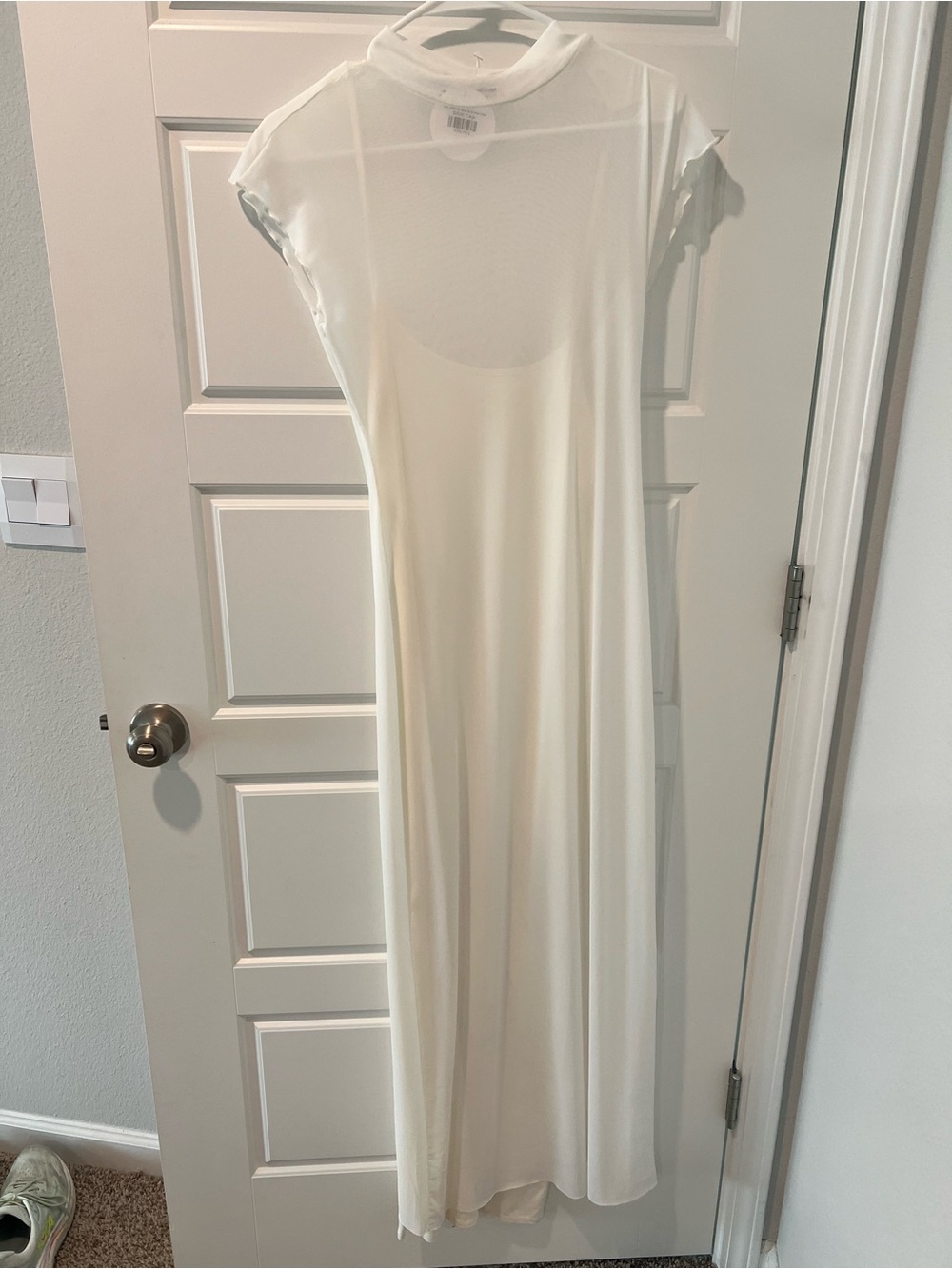 Sheer Cream Maxi Dress with Mock Neck and Cap Sleeves